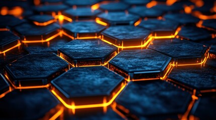 Glowing Hexagonal Grid, Dark Metal Surface, Abstract Background