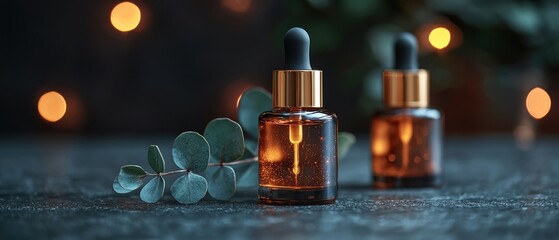 Amber glass bottles of essential oil sit on a dark surface, illuminated by warm lighting and accompanied by eucalyptus leaves