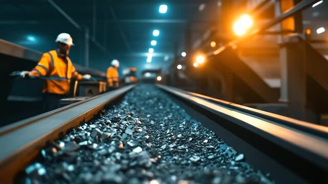 A dramatic shot of a conveyor belt inside a recycling facility, transporting large chunks of scrap metal under high-powered industrial lights, with workers monitoring the process f