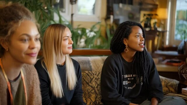 A diverse group of young adult women engaged in conversation indoors, sharing ideas and positive support with casual setting and flowers
