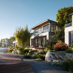 Waterfront property with a garden captured in sunny morning light, showing modern architecture, detailed textures, and clean surroundings.