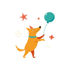 dog playing with star balloon on transparent background
