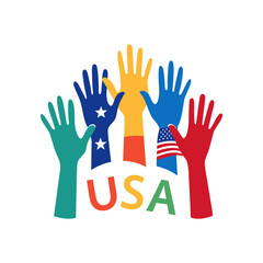 friends with painted hands spelling usa on transparent background