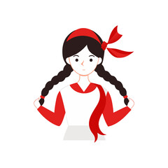 girl braiding hair with red ribbons on transparent background