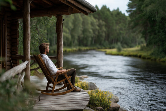 a wooden house in the forest, a river near by, a man sitting in a rocking chair on the veranda