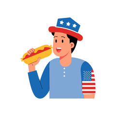 man eating hotdog with usa hat on transparent background