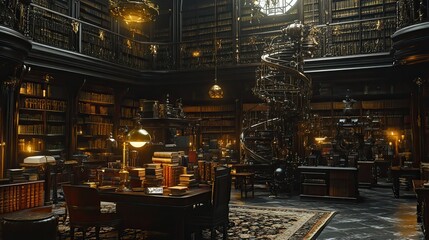 Fototapeta premium Interior of an ornate library filled with bookshelves, steampunk-style machinery, wooden desks, and warm lighting, high ceilings and spiral stairs visible. Generative by AI