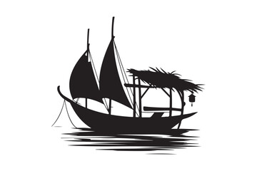 Traditional Sailboat Silhouette Vector Tropical Fishing Boat Clipart Design