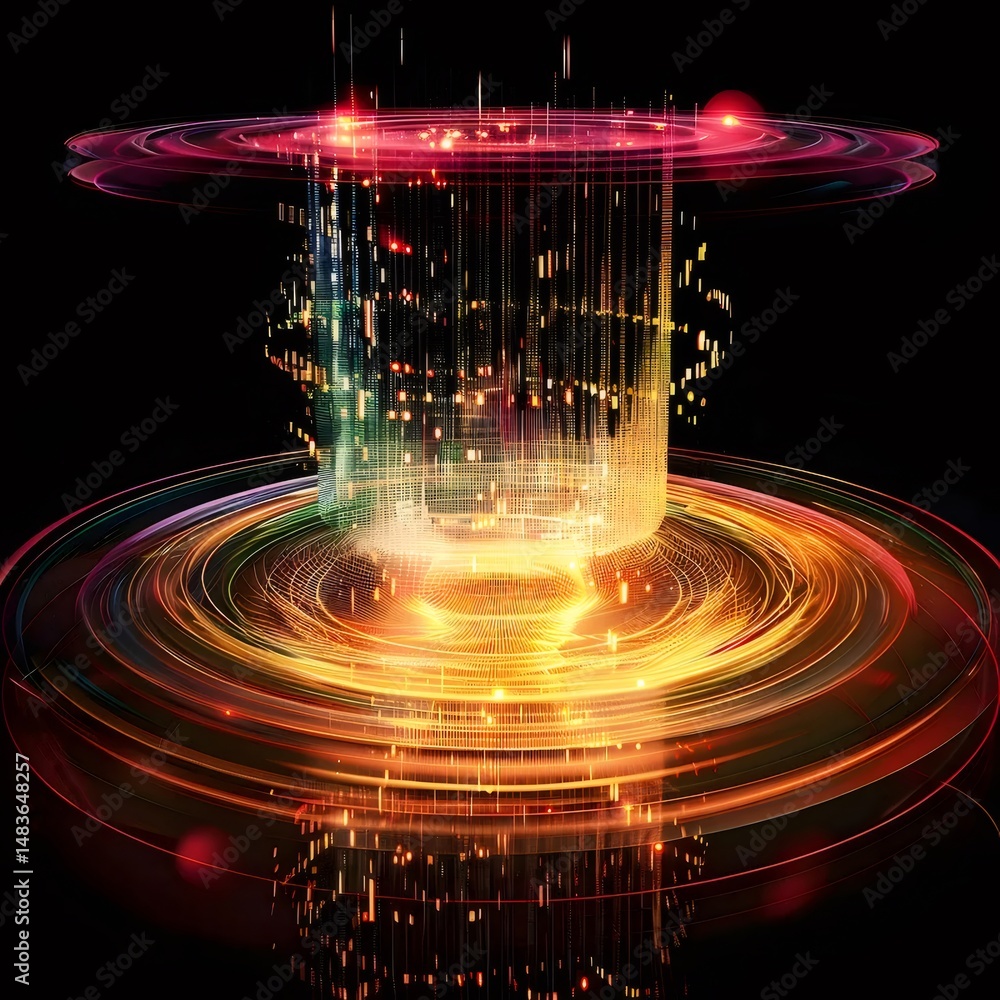 Aufkleber 抽象的な幾何学的光の渦巻きと赤とオレンジの輝きが特徴的なポータル効果の背景 デザイン