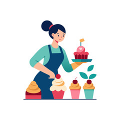 woman decorating cupcakes on transparent background