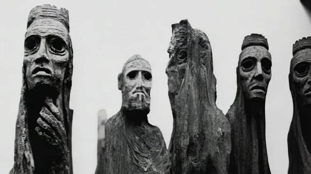 A black and white photo of a group of wooden sculptures