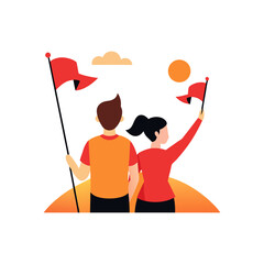 couple watching sunset holding flags on transparent background