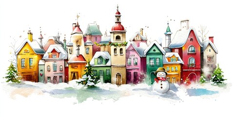 Fototapeta premium white background, watercolor, pastel intense colors: Christmas fairy tale houses decorated, path, 