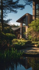 Waterfront property with a garden captured in sunny morning light, showing modern architecture, detailed textures, and clean surroundings.