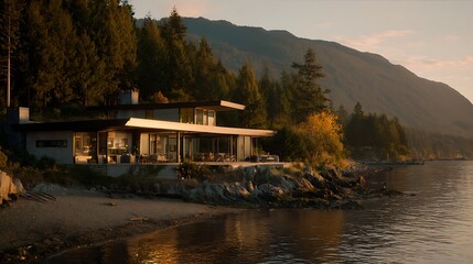 Waterfront property with a kitchen captured in golden hour glow, showing modern architecture, detailed textures, and clean surroundings.