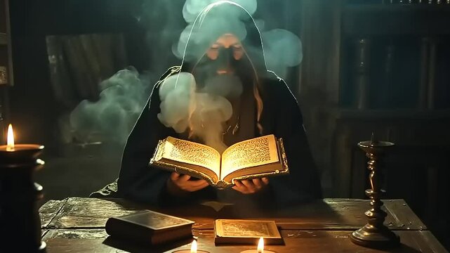 Mysterious figure in a hooded cloak reading an ancient book in a dimly lit library with candles