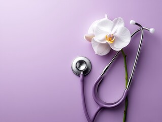 Stethoscope alongside elegant white orchid bloom on soft purple backdrop representing holistic medicine and compassionate care