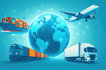 Illustration of global logistics and transportation featuring ship, airplane, train, and truck circling a digital globe, representing worldwide delivery and supply chain integration.