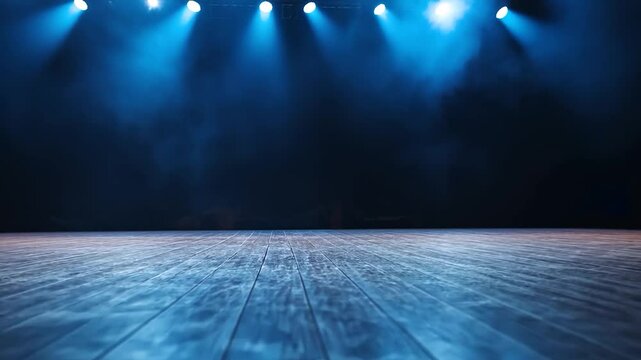 Blue lit stage with wooden floor presentation backdrop