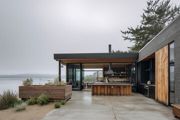 Waterfront property with a kitchen captured in overcast sky, showing modern architecture, detailed textures, and clean surroundings.