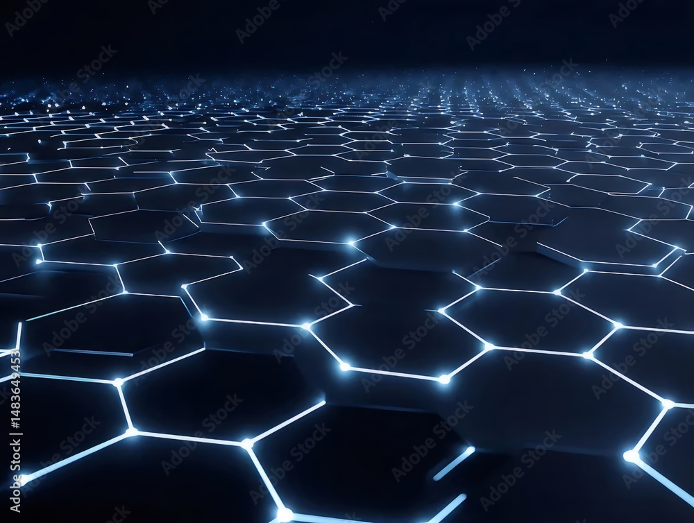 Aufkleber 抽象的な青色の六角形のネットワークパターン 未来的な技術接続の背景 科学的なデジタルテクスチャのハニカム構造デザインと幾何学的なラインを持つシステム