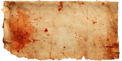 Tattered old paper with dramatic red blood stains and ink splatters

