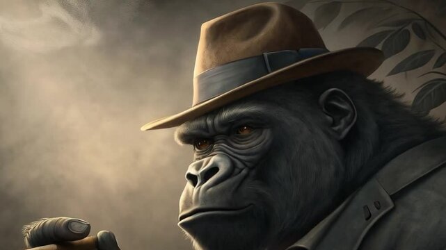 Gorilla with a cigar exudes confidence in a dark, artistic setting evoking a sense of character and personality