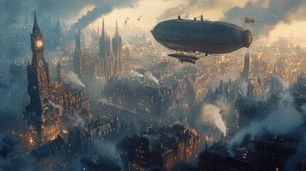 Naklejka premium Steampunk airship floats above industrial city skyline with smoke rising from tall gothic buildings including clock tower, under cloudy twilight sky. Generative by AI