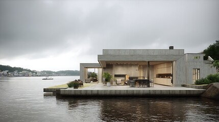 Waterfront property with a kitchen captured in overcast sky, showing modern architecture, detailed textures, and clean surroundings.