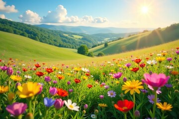 Vibrant wildflowers bloom in a sun-drenched meadow, rolling hills backdrop , countryside, scenic