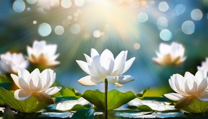 white lotus flowers in the pond with sun rays and bokeh