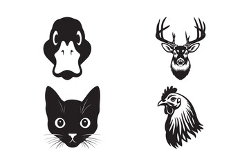 Animal Head Vector Collection Duck, Cat, Deer, Rooster Silhouette Faces for Logos and Designs