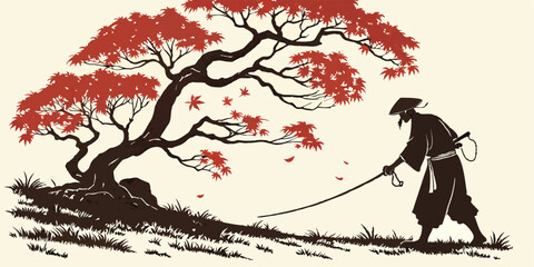 Samurai and Maple Tree: A lone samurai, silhouetted against a vibrant red maple tree, walks calmly along a path.