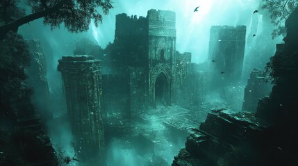 Fototapeta premium An ancient, forgotten city lost in the mist, with floating towers and arcane energies, --ar 16:9 --v 6.1 Job ID: edd4a2fd-a438-4fcb-b2a0-e18a33e9595a