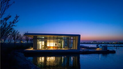 Waterfront property with a kitchen captured in twilight atmosphere, showing modern architecture, detailed textures, and clean surroundings.