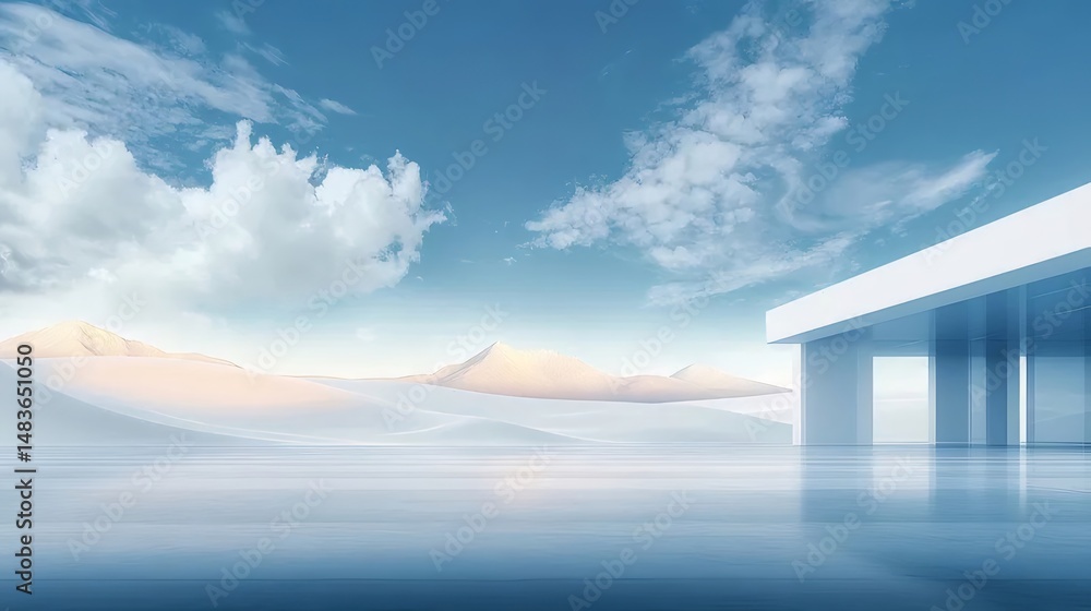 Aufkleber 雪山と白い建物と青い空の抽象的な風景 晴れた日の静かな背景
