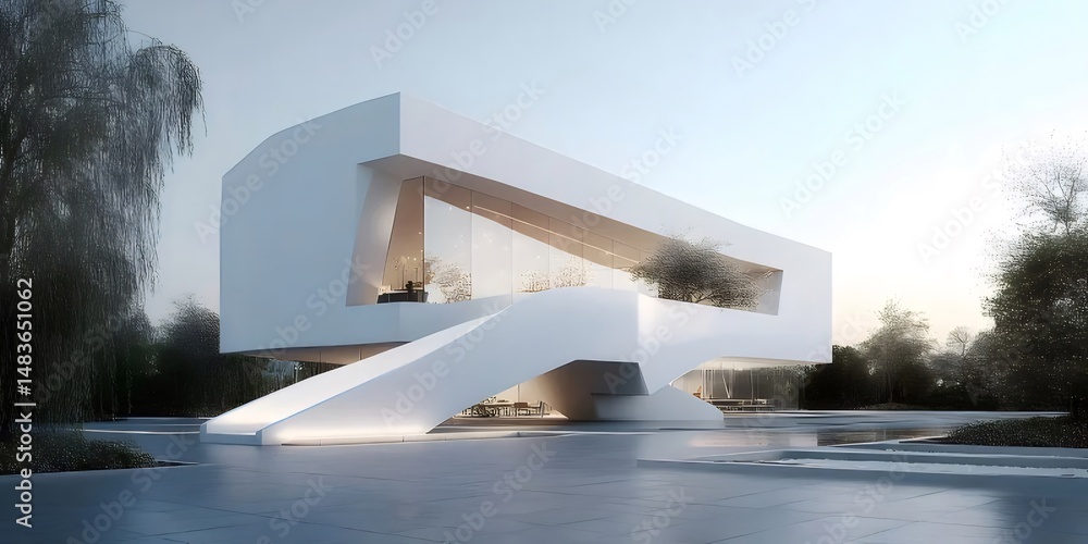Poster コンクリートの床と水のある曇りの背景に近代的な白い建物の外観デザイン 美しい線形の建物 素晴らしいコンポジションと照明 スタイリッシュな外装デザイン