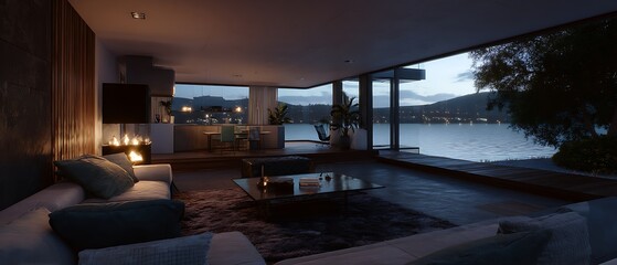 Waterfront property with a living room captured in soft ambient lighting, showing modern architecture, detailed textures, and clean surroundings.
