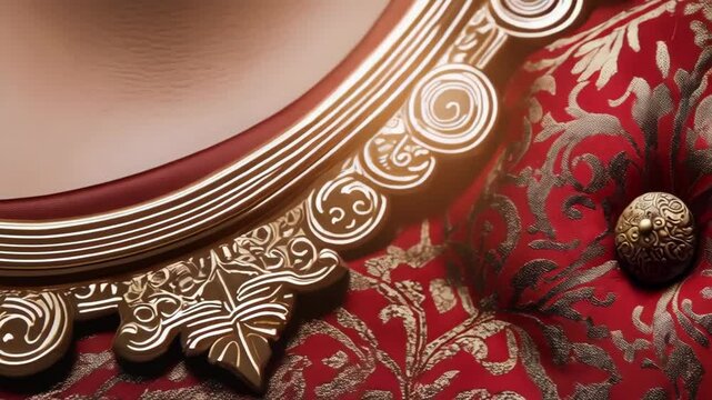 Close-up of a decorative red and gold patterned cushion featuring an ornate button in a lavish, vintage style setting.