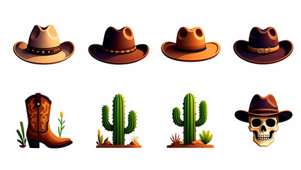 Cowboy western elements vector illustration featuring hats boots cacti and skull isolated on white