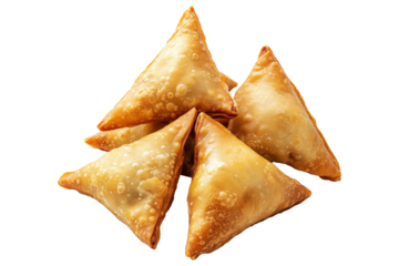 Golden brown crispy samosas isolated on white transparent background, traditional Indian snack concept with fried texture