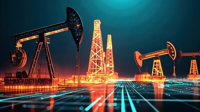 Digital Oil Industry:  Night-time view of oil rigs and derricks, illuminated with futuristic digital effects