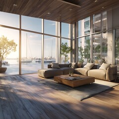 Waterfront property with a living room captured in sunny morning light, showing modern architecture, detailed textures, and clean surroundings.