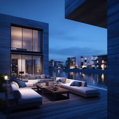 Waterfront property with a living room captured in twilight atmosphere, showing modern architecture, detailed textures, and clean surroundings.