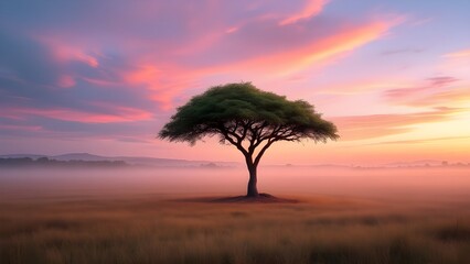 Naklejka premium Serene Sunrise Landscape with Single Tree in Misty Field Peaceful Dawn Sky Golden Hour Nature Photography Tranquil Scene Beautiful Scenery Breathtaking View Majestic Tree in Foggy Meadow Art Pink Calm
