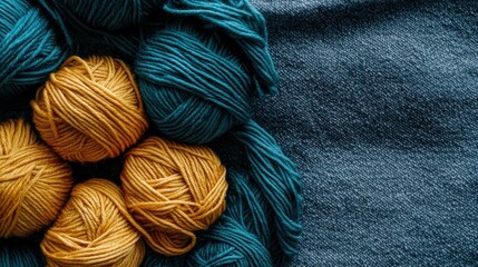 A pile of yarn in shades of blue and gold sits on a blue fabric background.