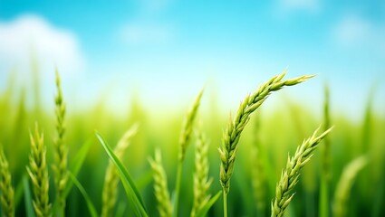 Obraz premium Green Rice Field Under Blue Sky. Generative Ai.