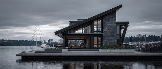 Waterfront property with a living room captured in overcast sky, showing modern architecture, detailed textures, and clean surroundings.