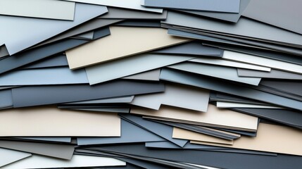 A pile of overlapping rectangular shapes in various shades of gray and beige.