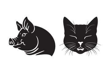 Pig and Cat Head Silhouettes Animal Vector Clipart Line Art Design